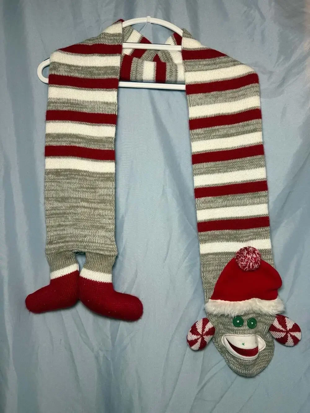 Christmas Sock Monkey Striped Scarf with Santa Hat and Feet Accents